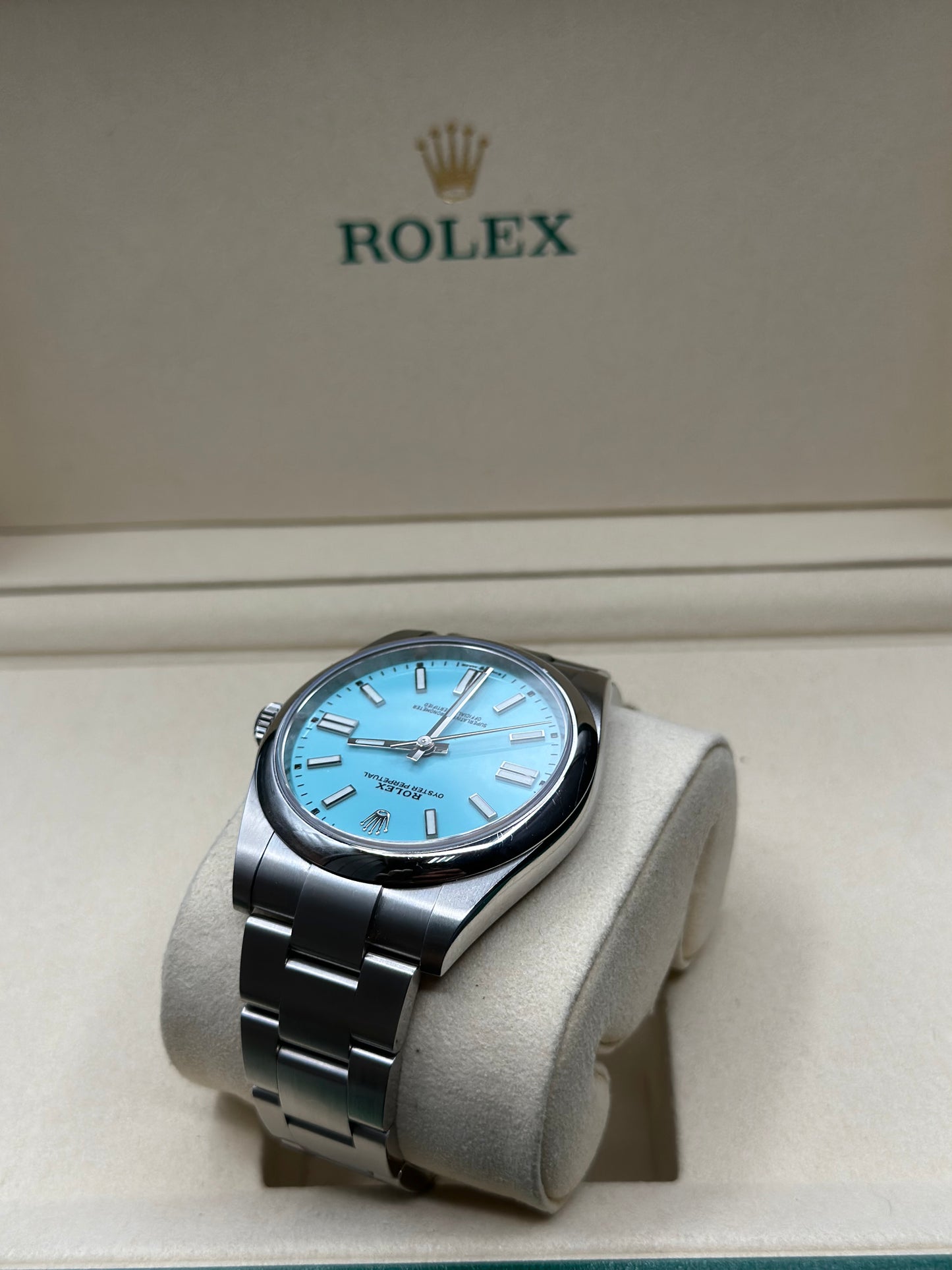 Rolex Oyster Perpetual 41 Turquoise Blue Index Dial on Oyster 124300 Papers 2021