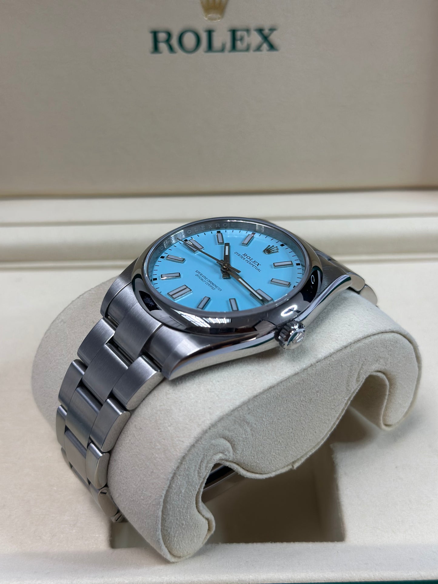 Rolex Oyster Perpetual 41 Turquoise Blue Index Dial on Oyster 124300 Papers 2023