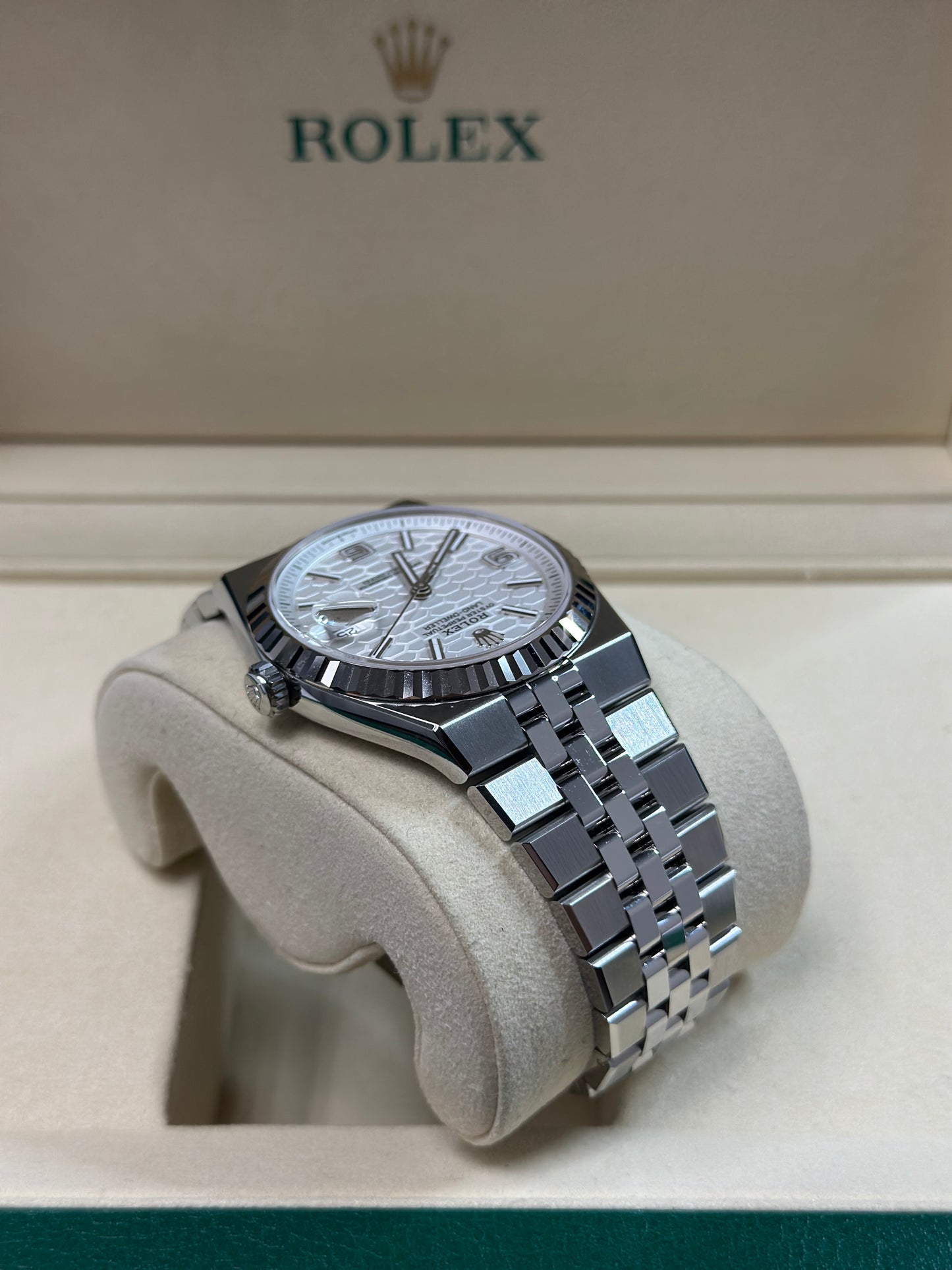 Rolex Land-Dweller 40 White Honeycomb Dial on Flat Jubilee 127334 Papers 2026