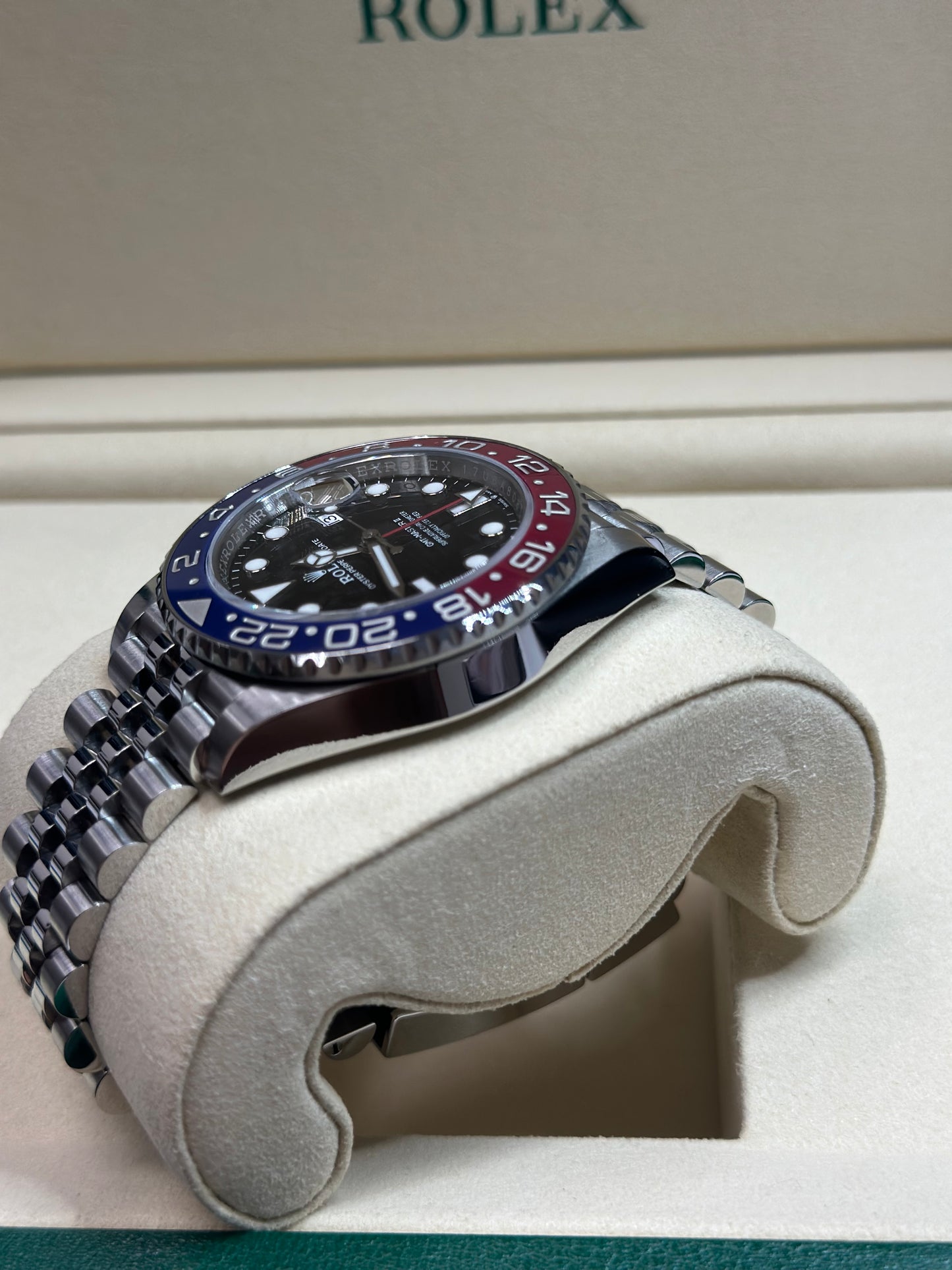 Rolex GMT-Master II Pepsi Black Dial on Jubilee 126710BLRO Papers 2023