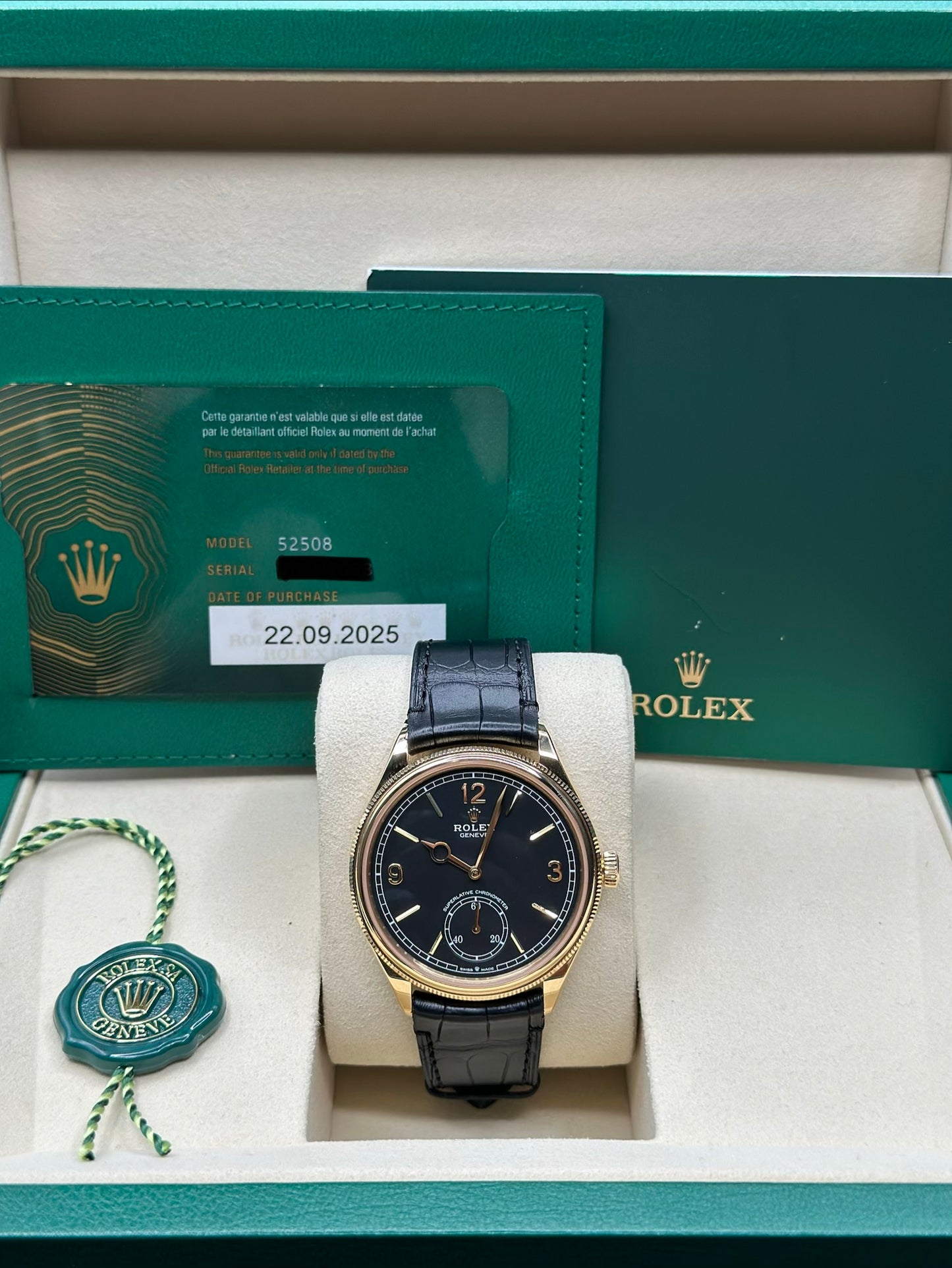 Rolex 1908 Black Index Arabic Dial on Leather Strap 52508 Papers 2025