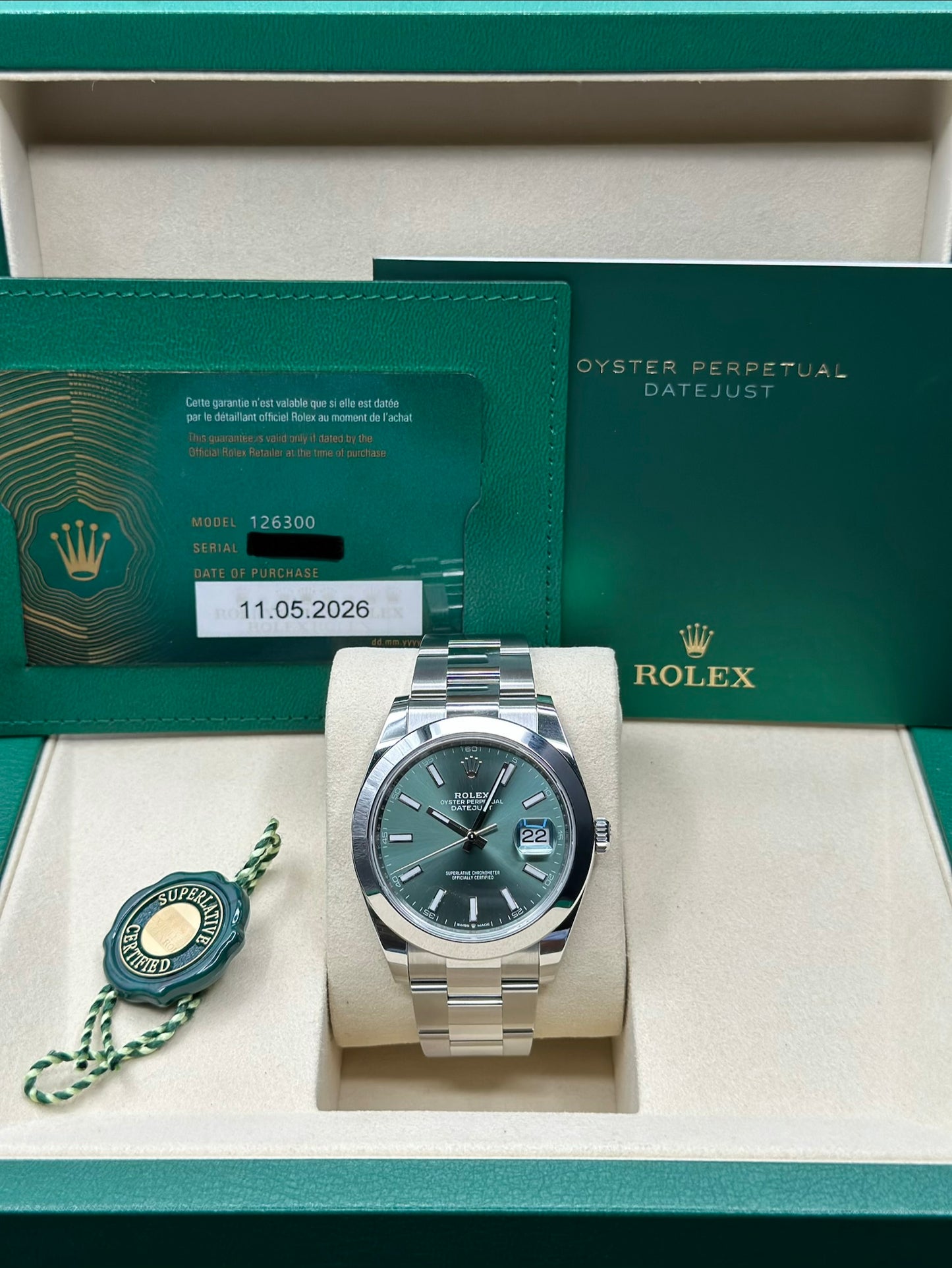 Rolex Datejust 41 Mint Green Index Dial on Oyster 126300 Papers 2026