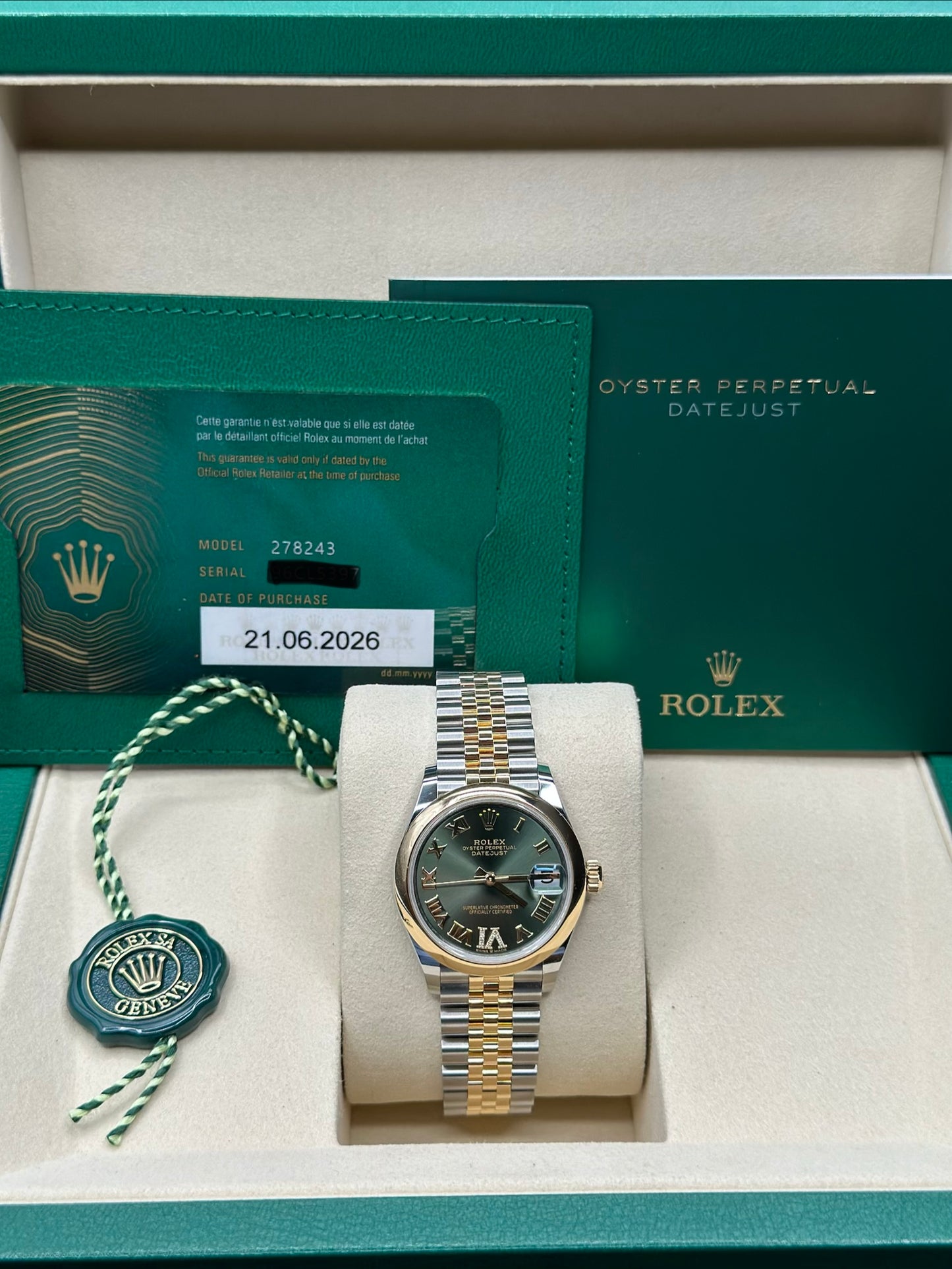 Rolex Datejust 31 Olive Green Diamond Roman Six Dial on Jubilee 278243 Papers 2026