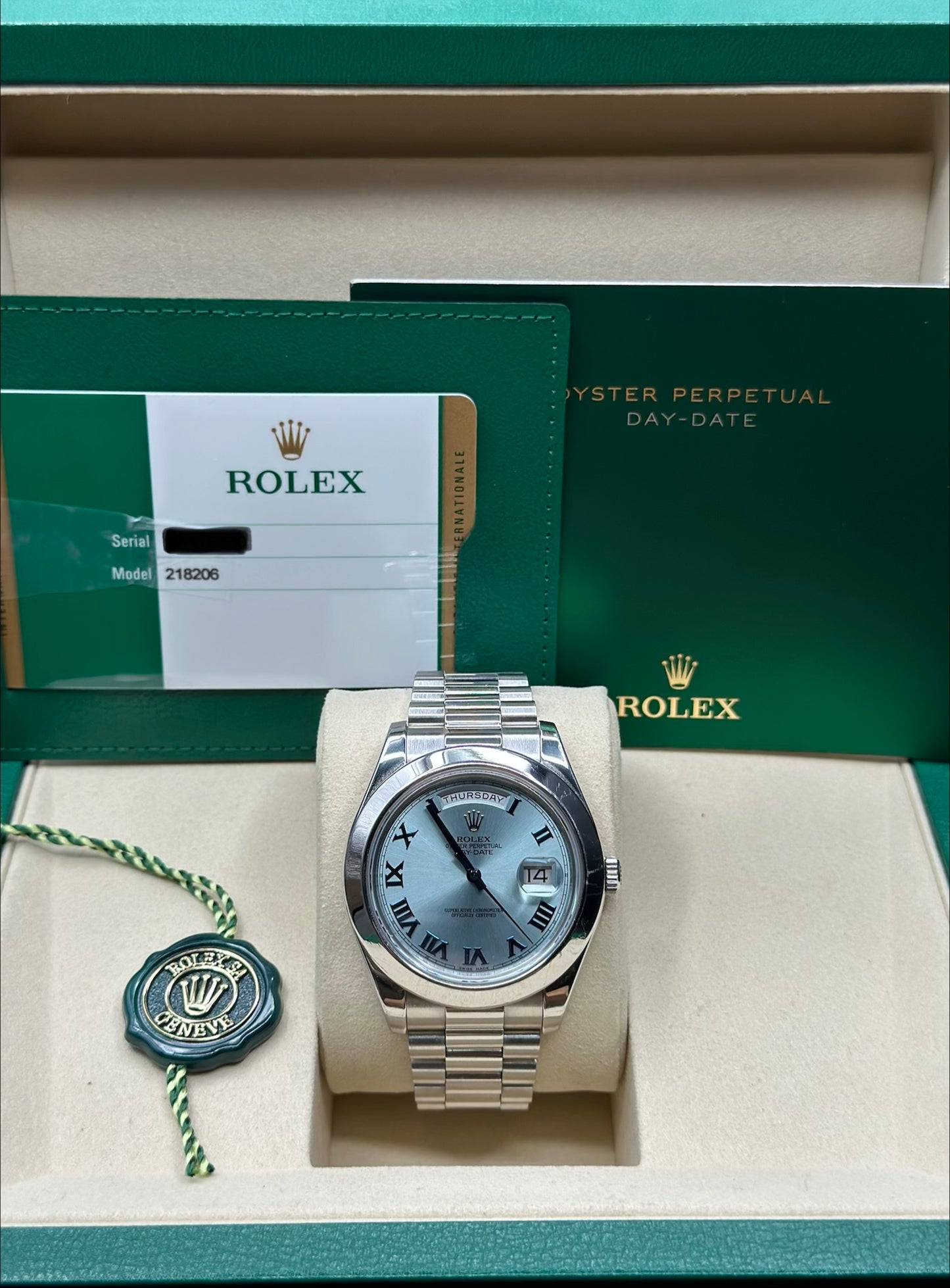 Rolex Day-Date 41 Ice Blue Roman- Dial on President 218206 Papers 2015