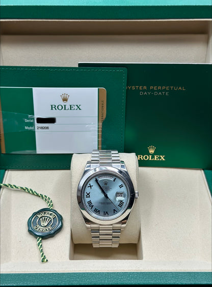 Rolex Day-Date 41 Ice Blue Roman- Dial on President 218206 Papers 2015
