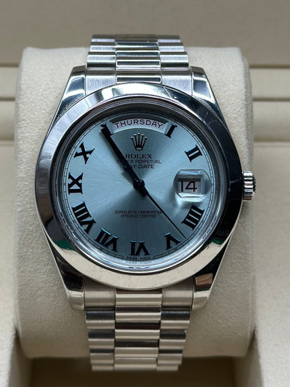 Rolex Day-Date 41 Ice Blue Roman- Dial on President 218206 Papers 2015