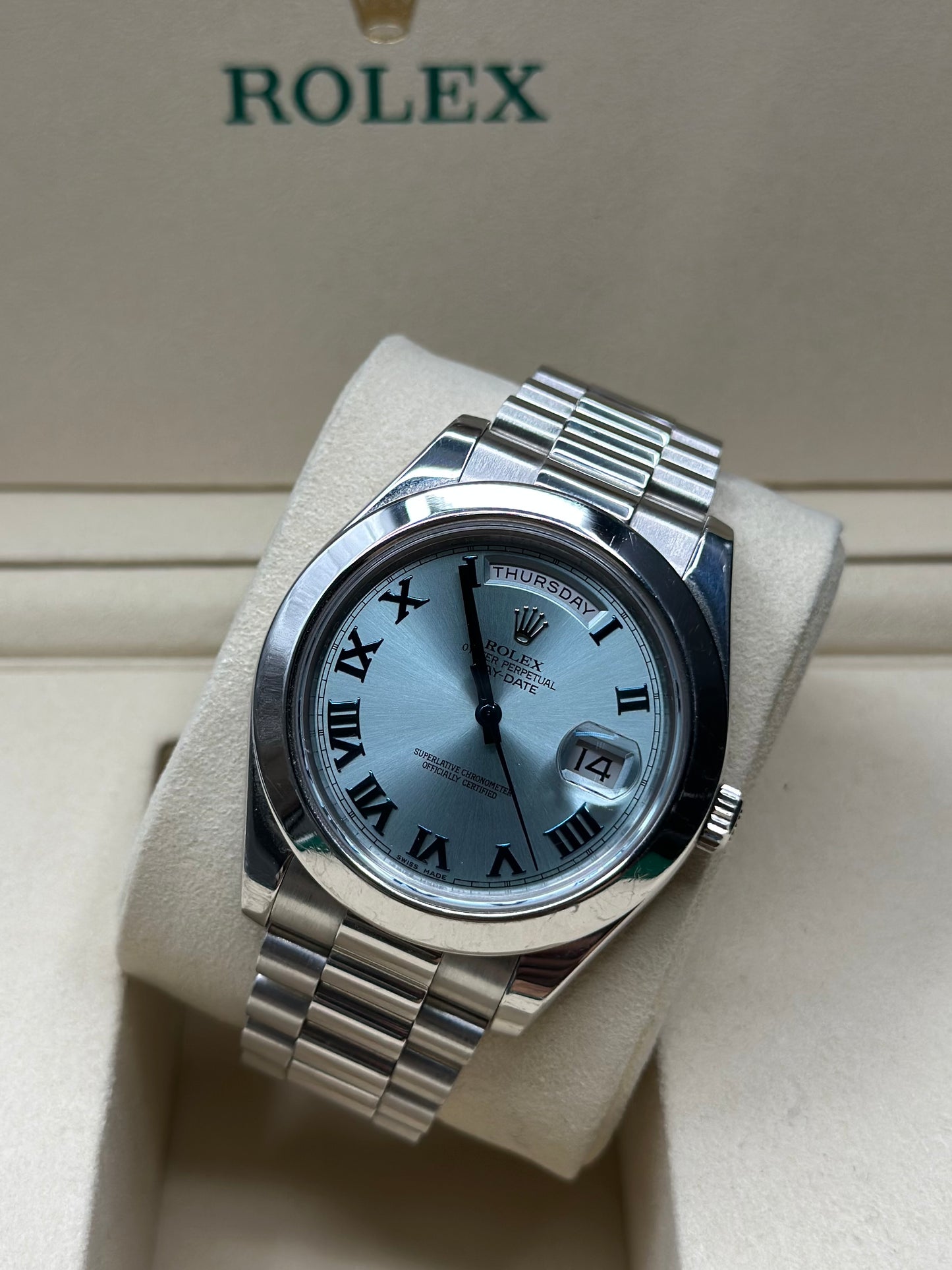 Rolex Day-Date 41 Ice Blue Roman- Dial on President 218206 Papers 2015