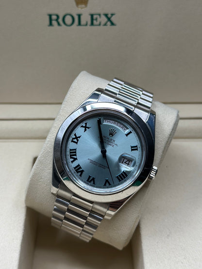 Rolex Day-Date 41 Ice Blue Roman- Dial on President 218206 Papers 2015