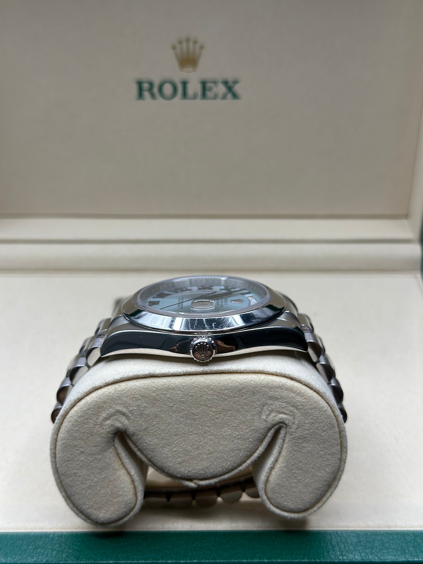 Rolex Day-Date 41 Ice Blue Roman- Dial on President 218206 Papers 2015