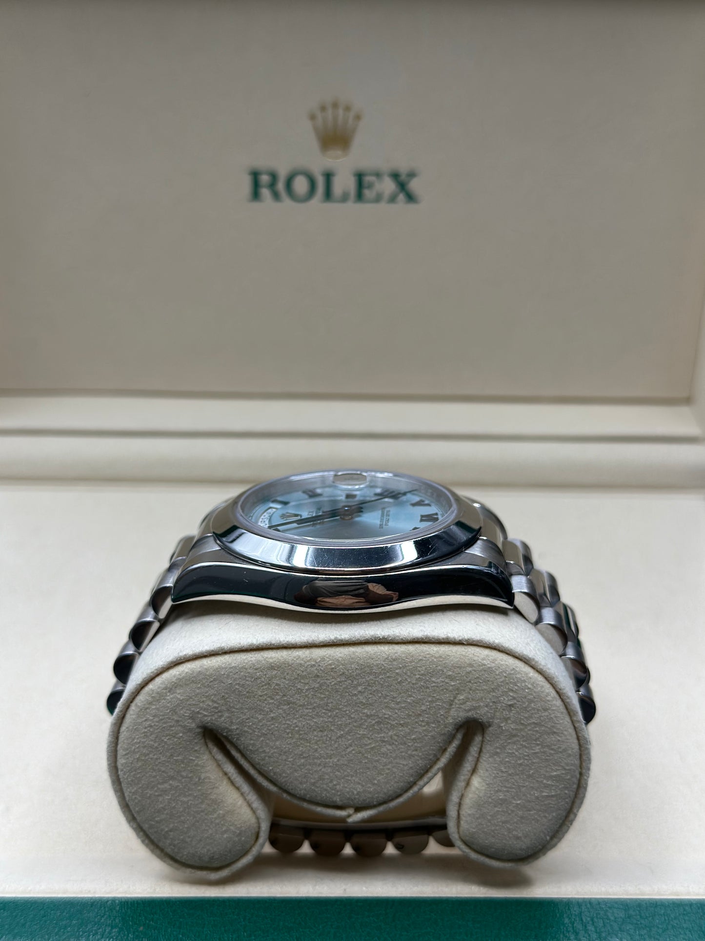 Rolex Day-Date 41 Ice Blue Roman- Dial on President 218206 Papers 2015