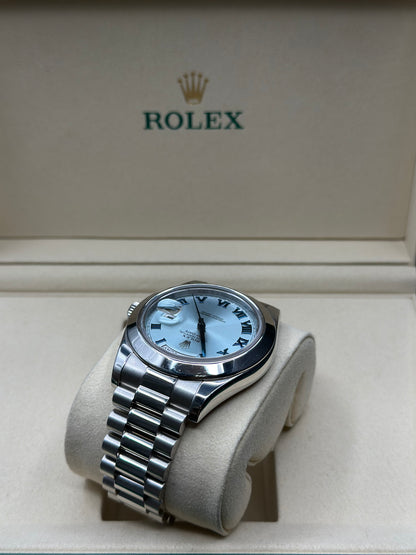 Rolex Day-Date 41 Ice Blue Roman- Dial on President 218206 Papers 2015