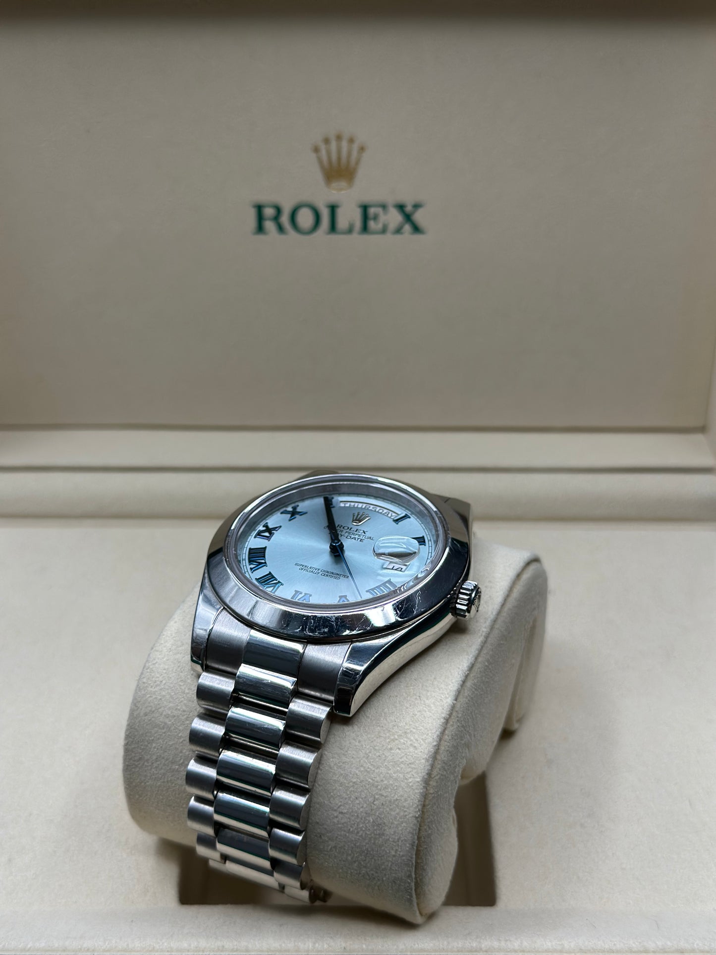 Rolex Day-Date 41 Ice Blue Roman- Dial on President 218206 Papers 2015