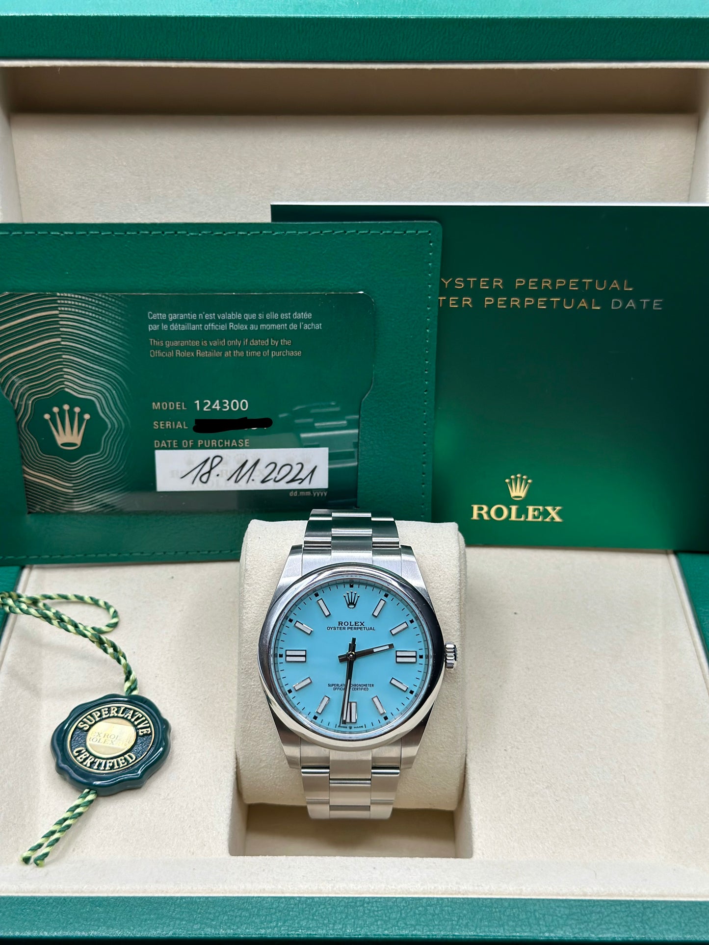Rolex Oyster Perpetual 41 Turquoise Blue Index Dial on Oyster 124300 Papers 2021