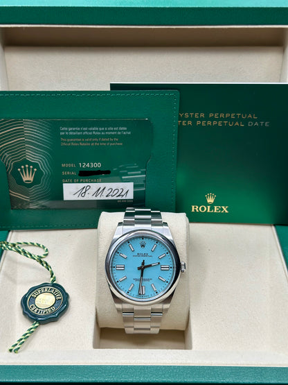 Rolex Oyster Perpetual 41 Turquoise Blue Index Dial on Oyster 124300 Papers 2021