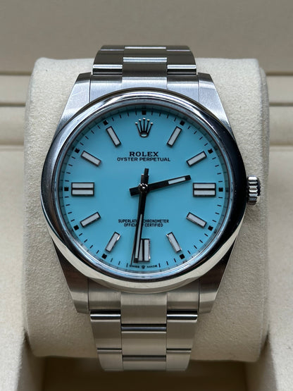 Rolex Oyster Perpetual 41 Turquoise Blue Index Dial on Oyster 124300 Papers 2021