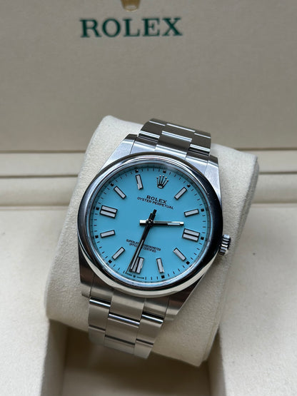 Rolex Oyster Perpetual 41 Turquoise Blue Index Dial on Oyster 124300 Papers 2021