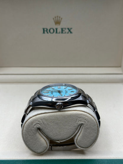 Rolex Oyster Perpetual 41 Turquoise Blue Index Dial on Oyster 124300 Papers 2021
