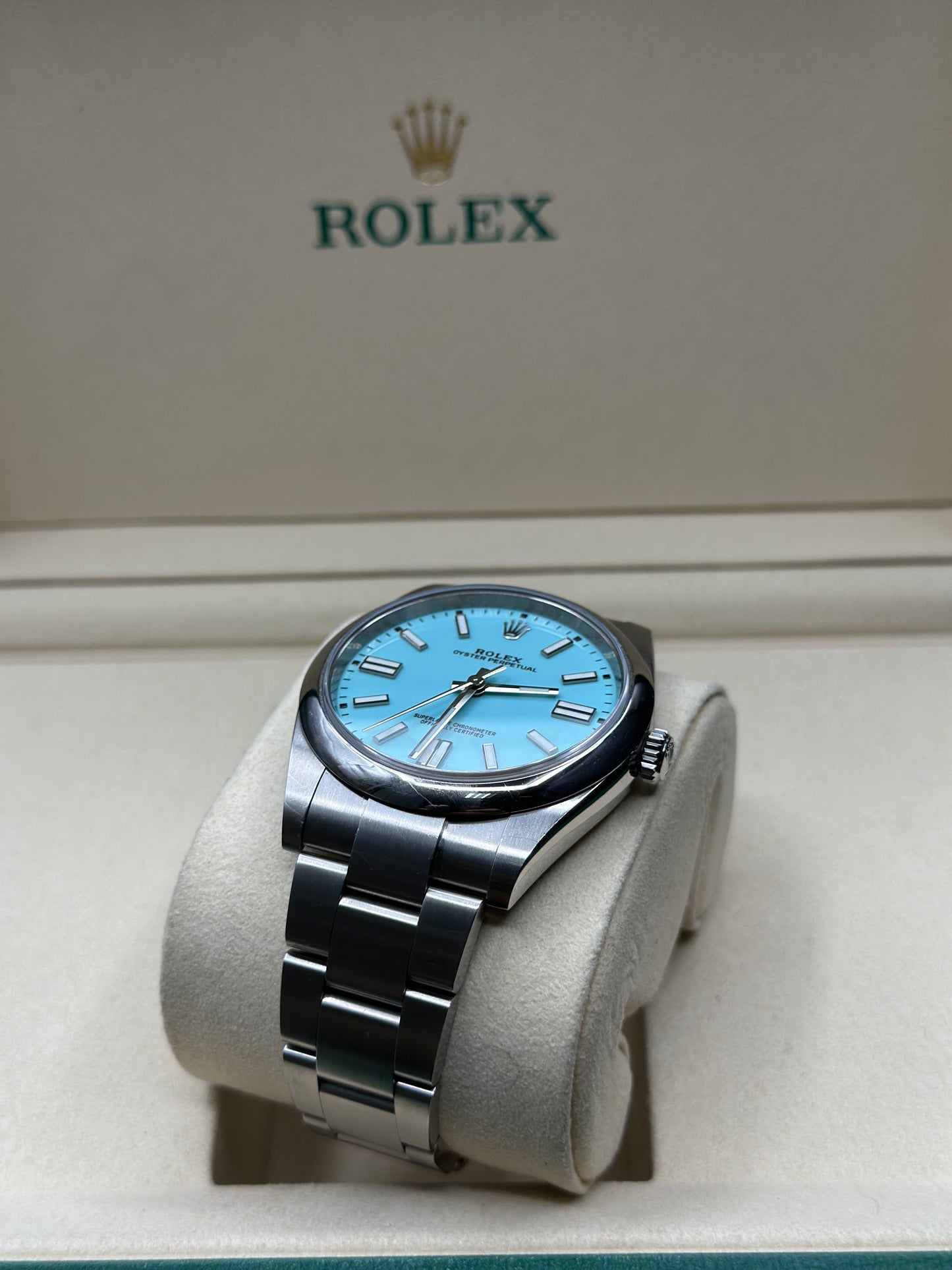 Rolex Oyster Perpetual 41 Turquoise Blue Index Dial on Oyster 124300 Papers 2021