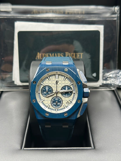 AUDEMARS PIGUET ROYAL OAK OFFSHORE BEIGE/IVORY TAPISSERIE PATTERN Dial on BLUE TEXTURED CALFSKIN 26420CD.OO.A029VE01 Papers 2026
