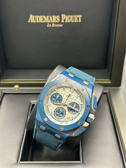 AUDEMARS PIGUET ROYAL OAK OFFSHORE BEIGE/IVORY TAPISSERIE PATTERN Dial on BLUE TEXTURED CALFSKIN 26420CD.OO.A029VE01 Papers 2026