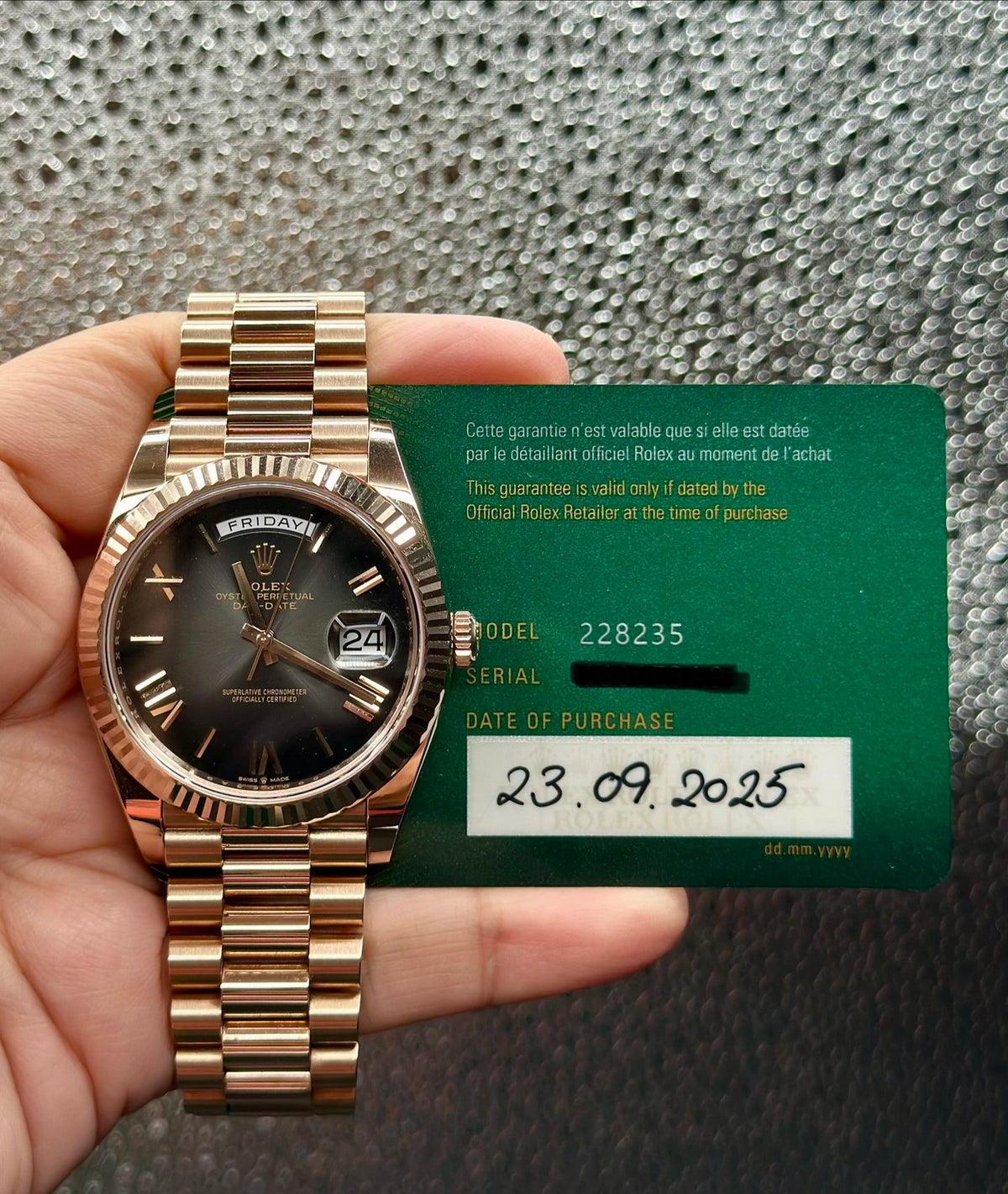 Rolex Day-Date 40 Slate Ombre Roman Dial on President 228235 Card 2025