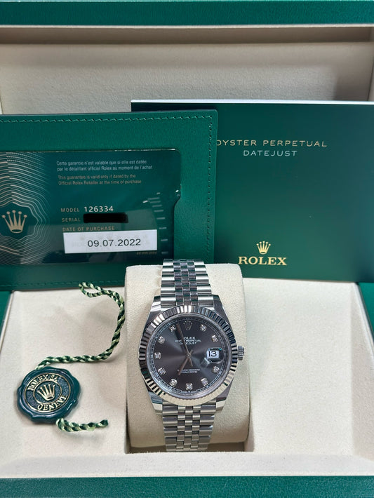 Rolex Datejust 41 Dark Rhodium Diamond Dial on Jubilee 126334 Papers 2022