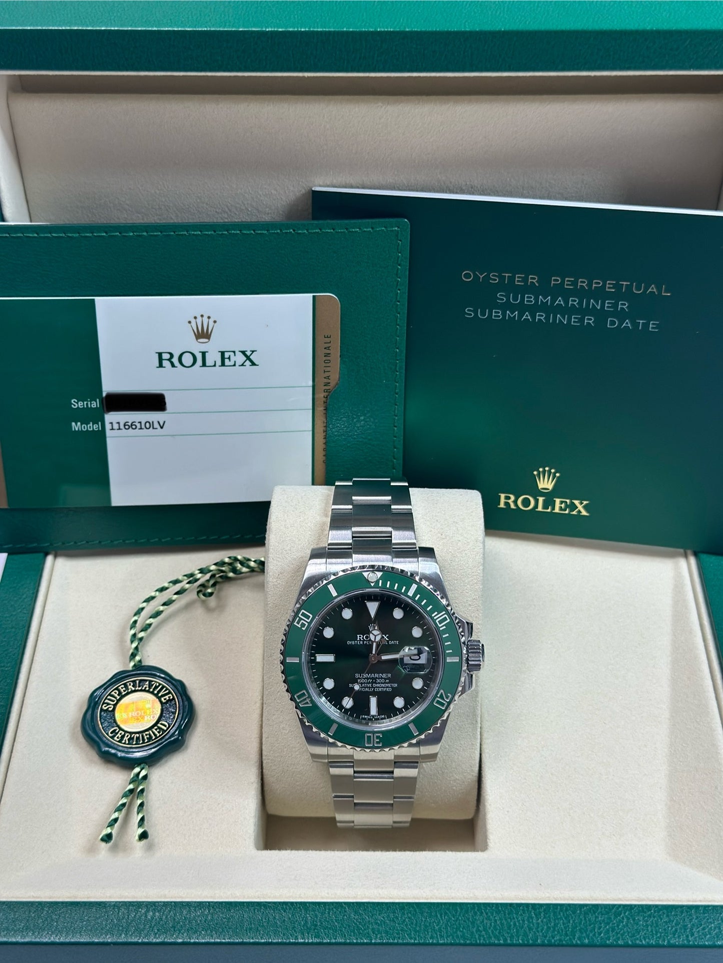 Rolex Submariner Hulk Green Dial on Oyster 116610LV Papers 2014