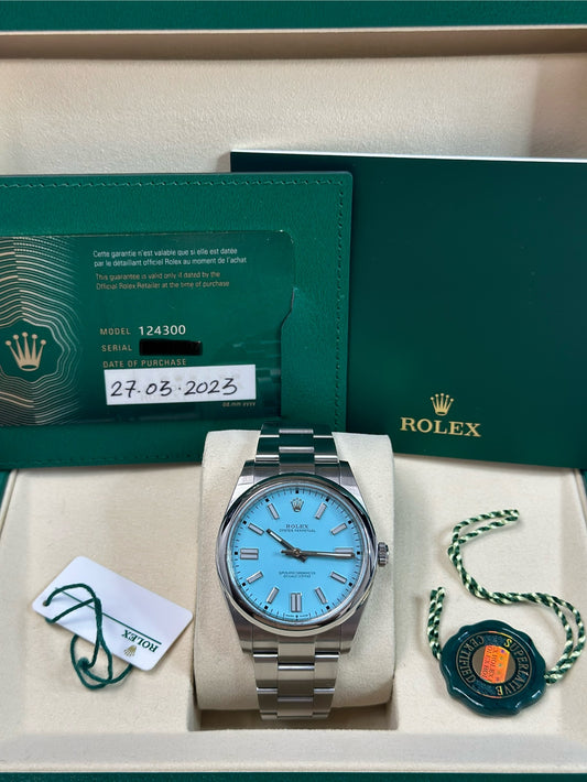 Rolex Oyster Perpetual 41 Turquoise Blue Index Dial on Oyster 124300 Papers 2023