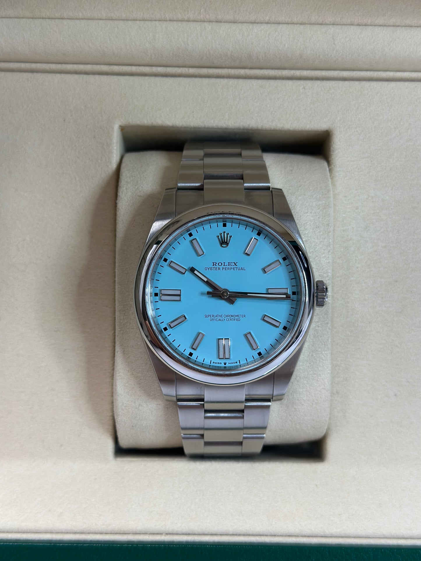 Rolex Oyster Perpetual 41 Turquoise Blue Index Dial on Oyster 124300 Papers 2023