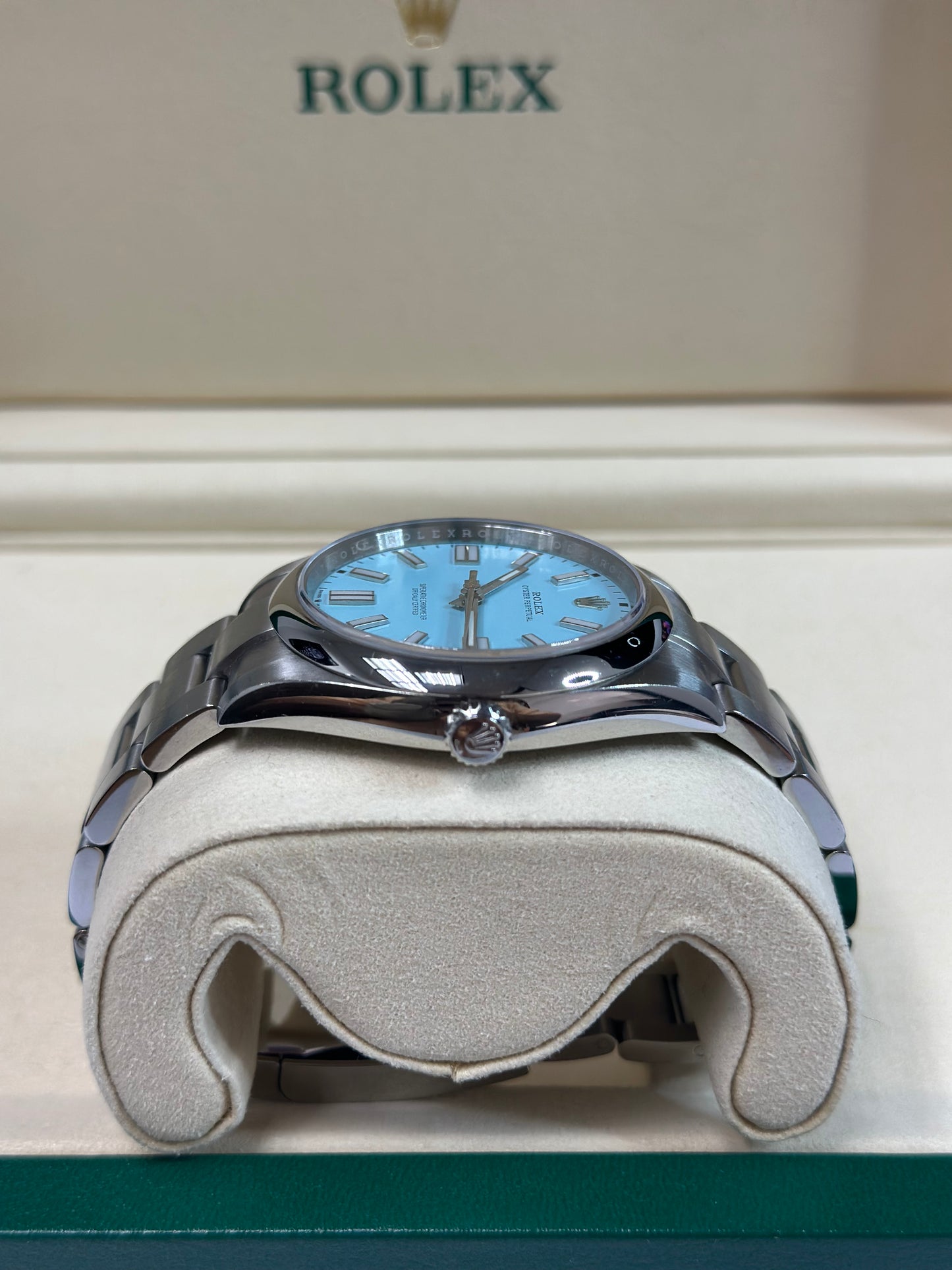 Rolex Oyster Perpetual 41 Turquoise Blue Index Dial on Oyster 124300 Papers 2023