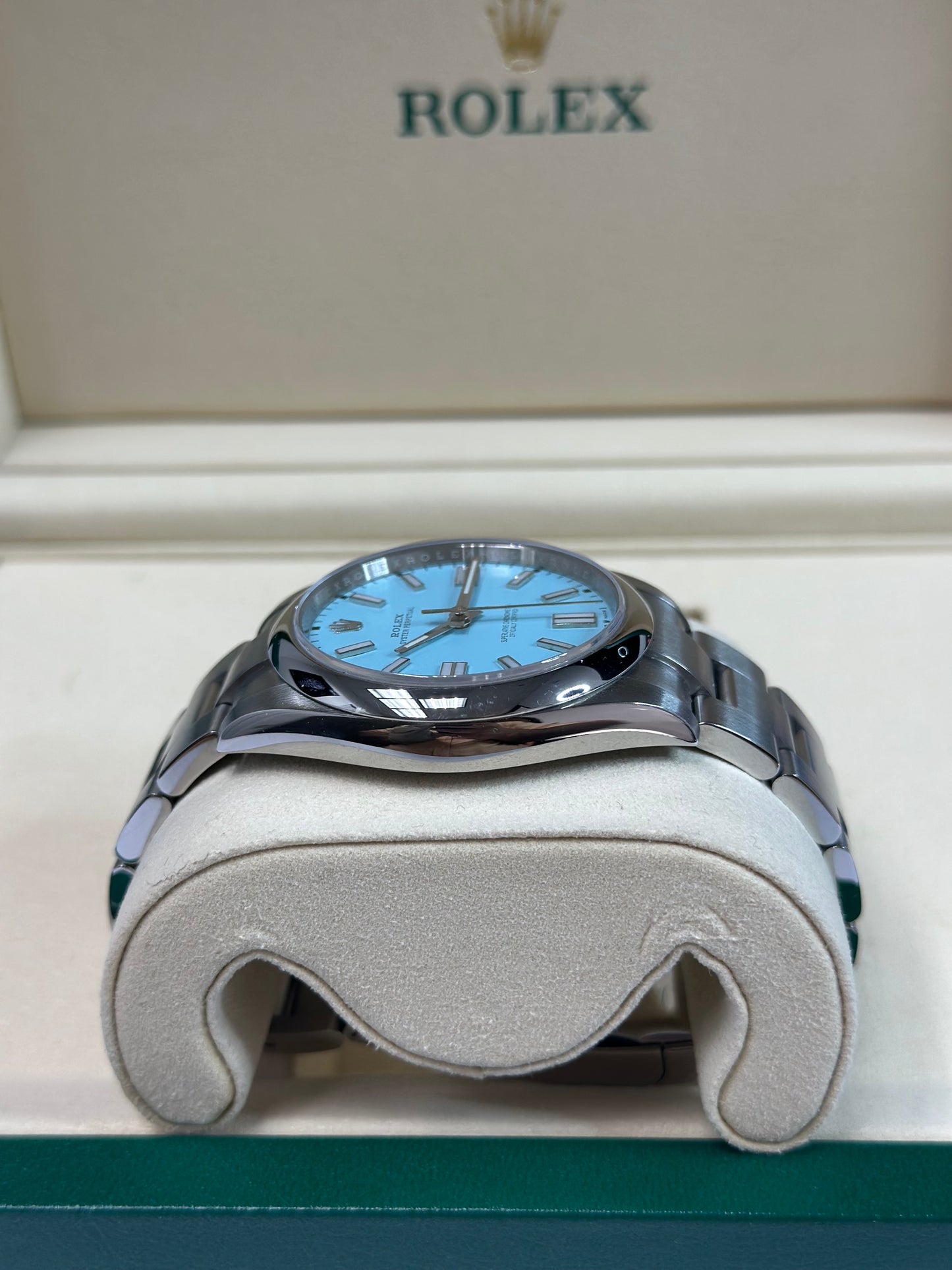 Rolex Oyster Perpetual 41 Turquoise Blue Index Dial on Oyster 124300 Papers 2023