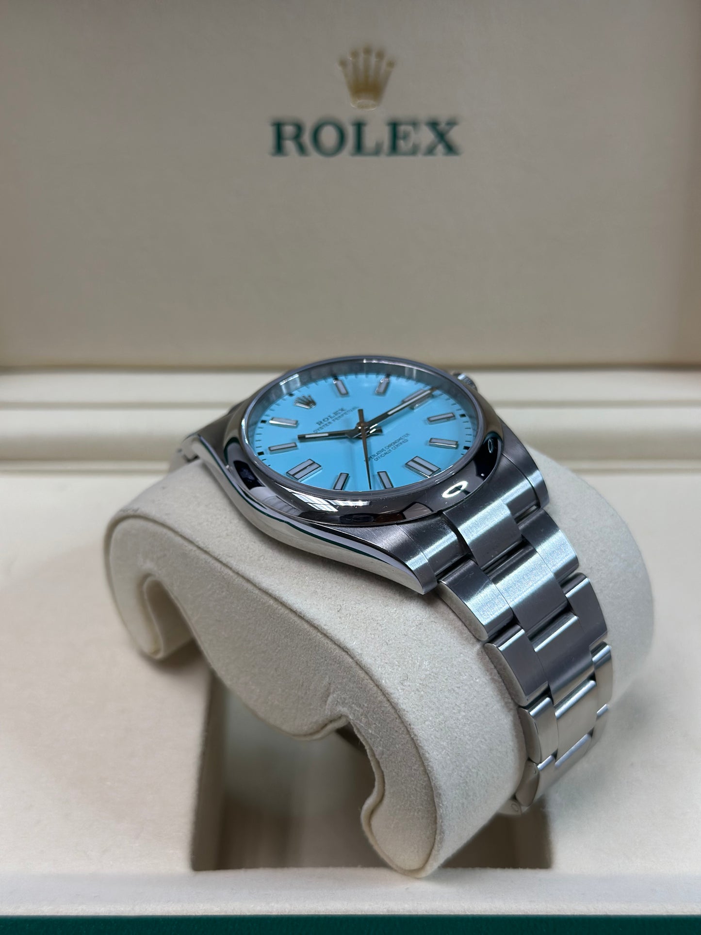 Rolex Oyster Perpetual 41 Turquoise Blue Index Dial on Oyster 124300 Papers 2023
