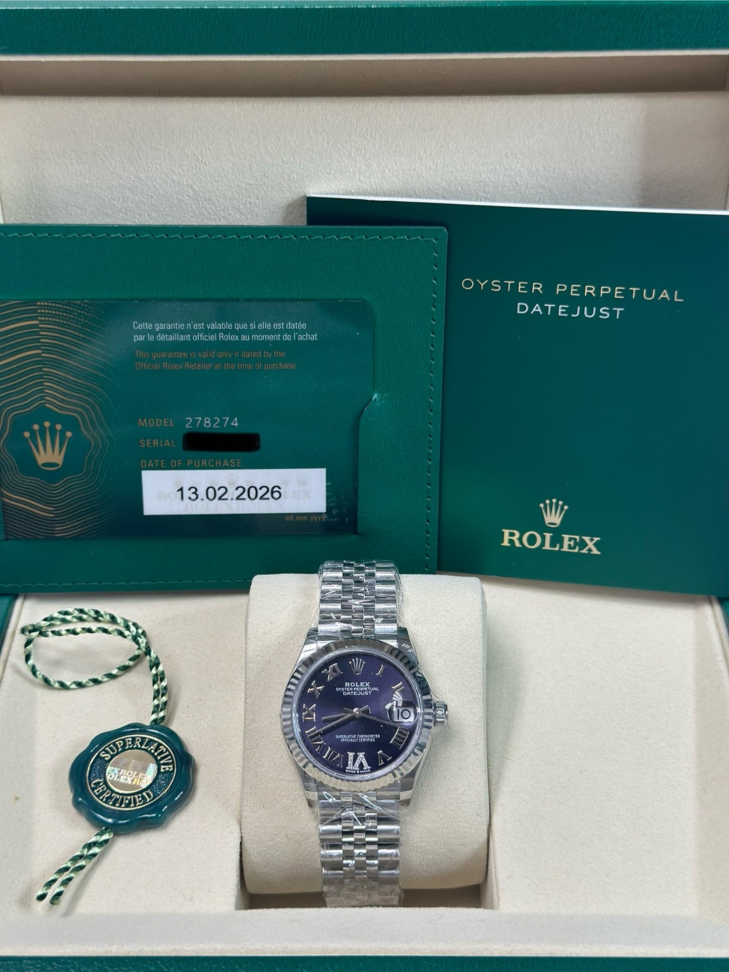 Rolex Datejust 31 Aubergine Roman Diamond 6 Dial on Jubilee 278274 Papers 2026