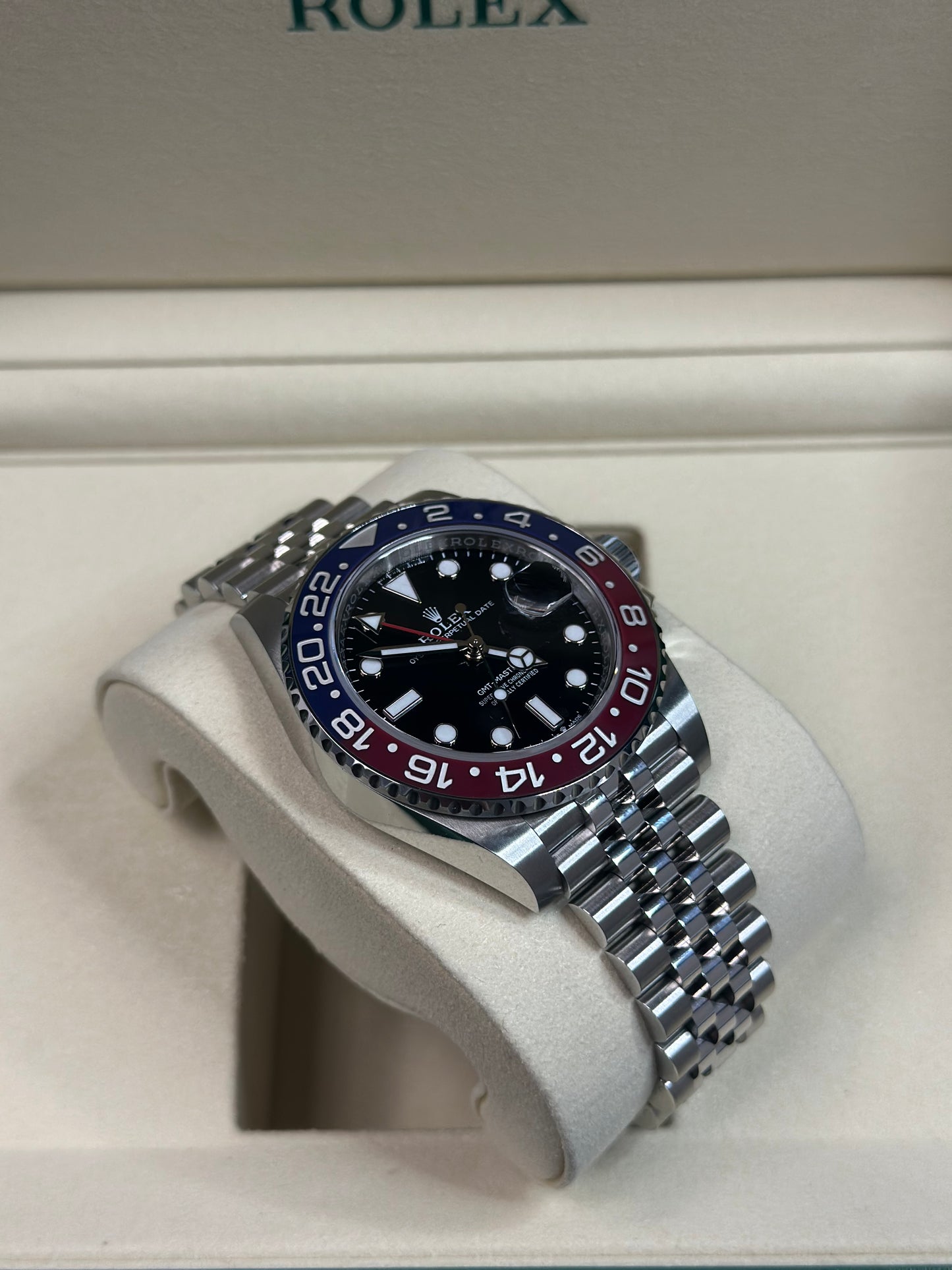 Rolex GMT-Master II Pepsi Black Dial on Oyster 126710BLRO Papers 2024