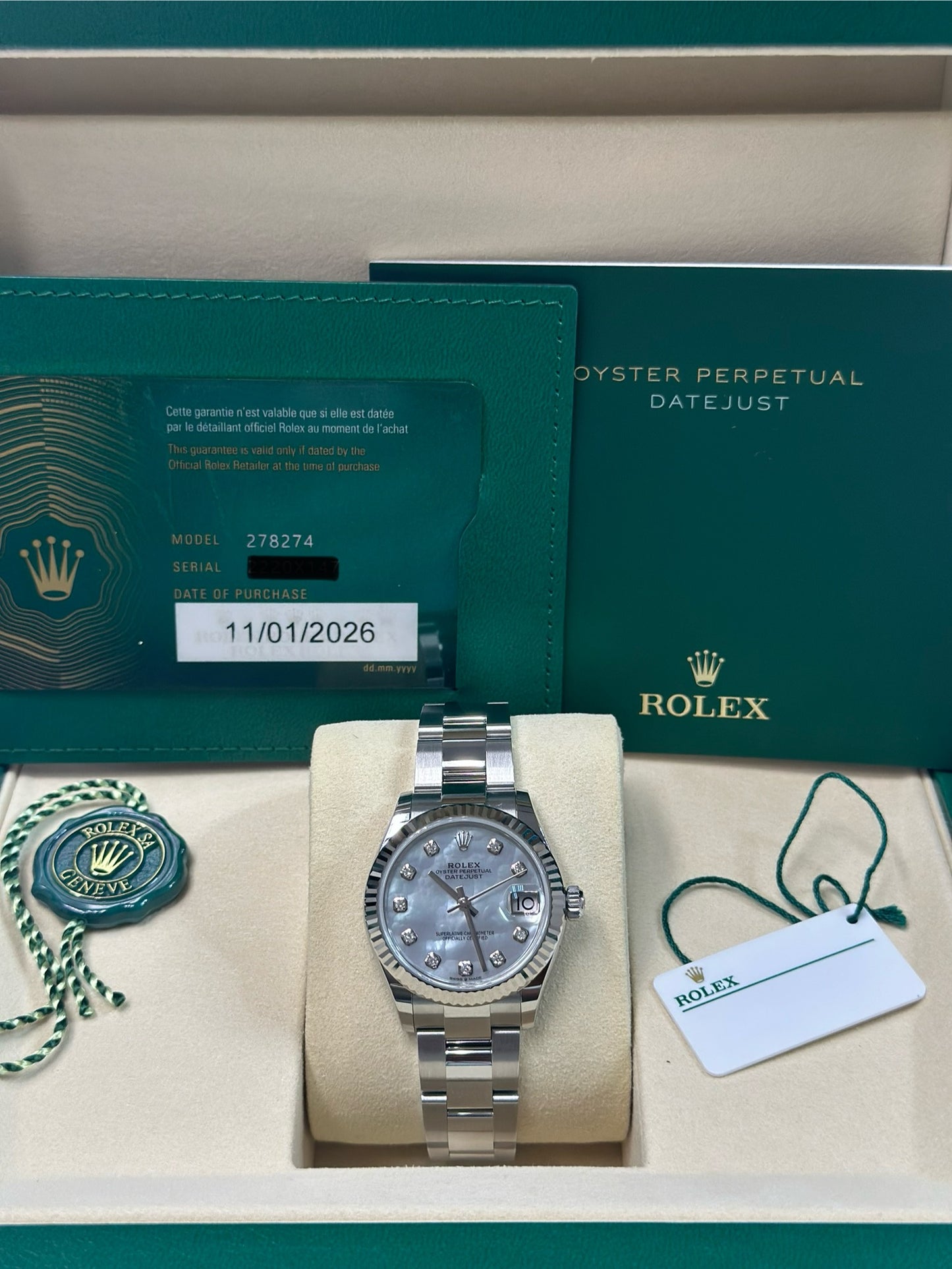 Rolex Datejust 31 White Mother-Of-Pearl Diamond Dial on Oyster 278274 Papers 2026
