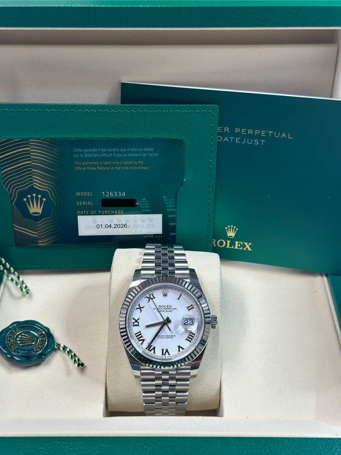 Rolex Datejust 41 White Roman Dial on Jubilee 126334 Papers 2026