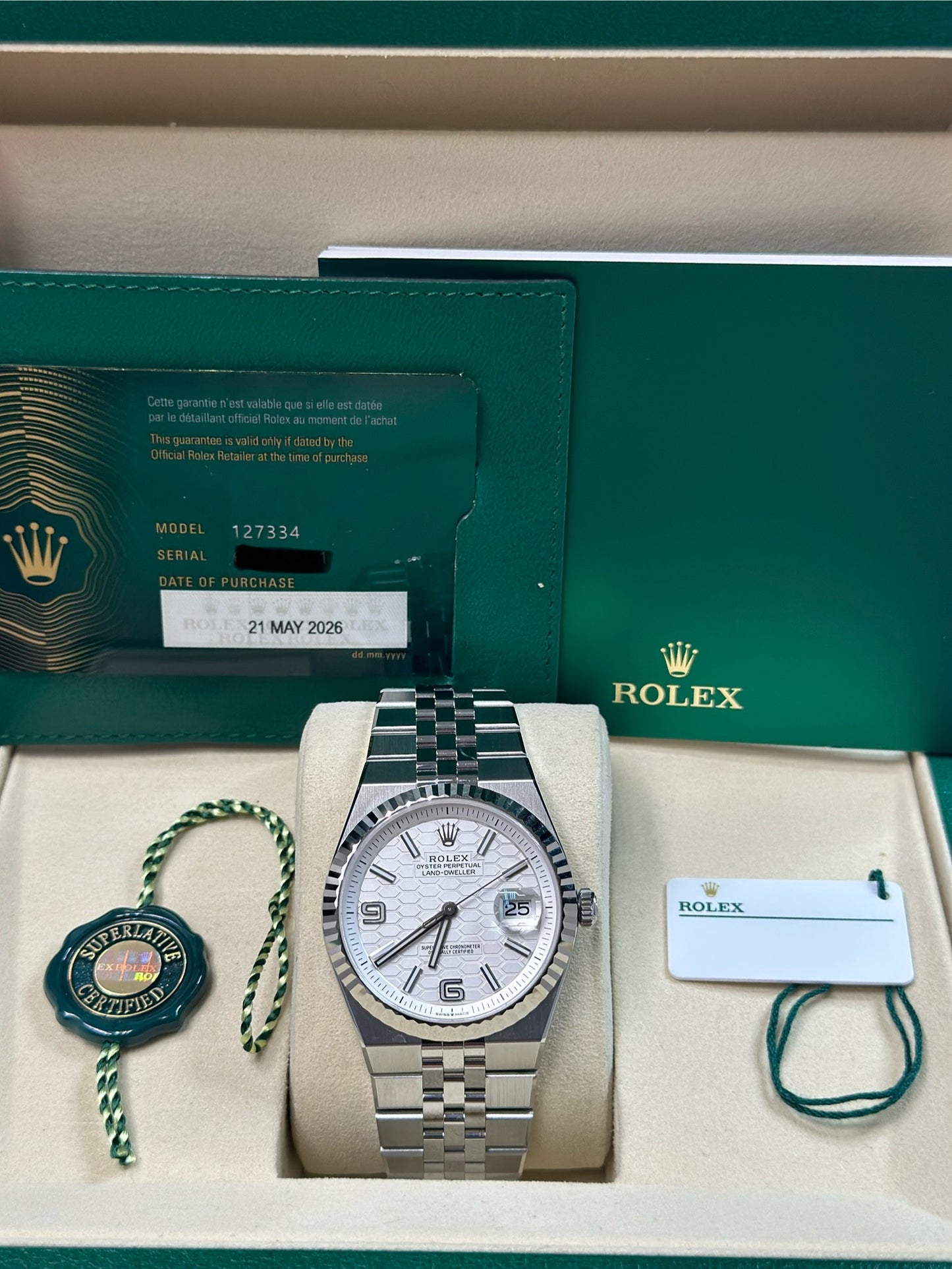 Rolex Land-Dweller 40 White Honeycomb Dial on Flat Jubilee 127334 Papers 2026