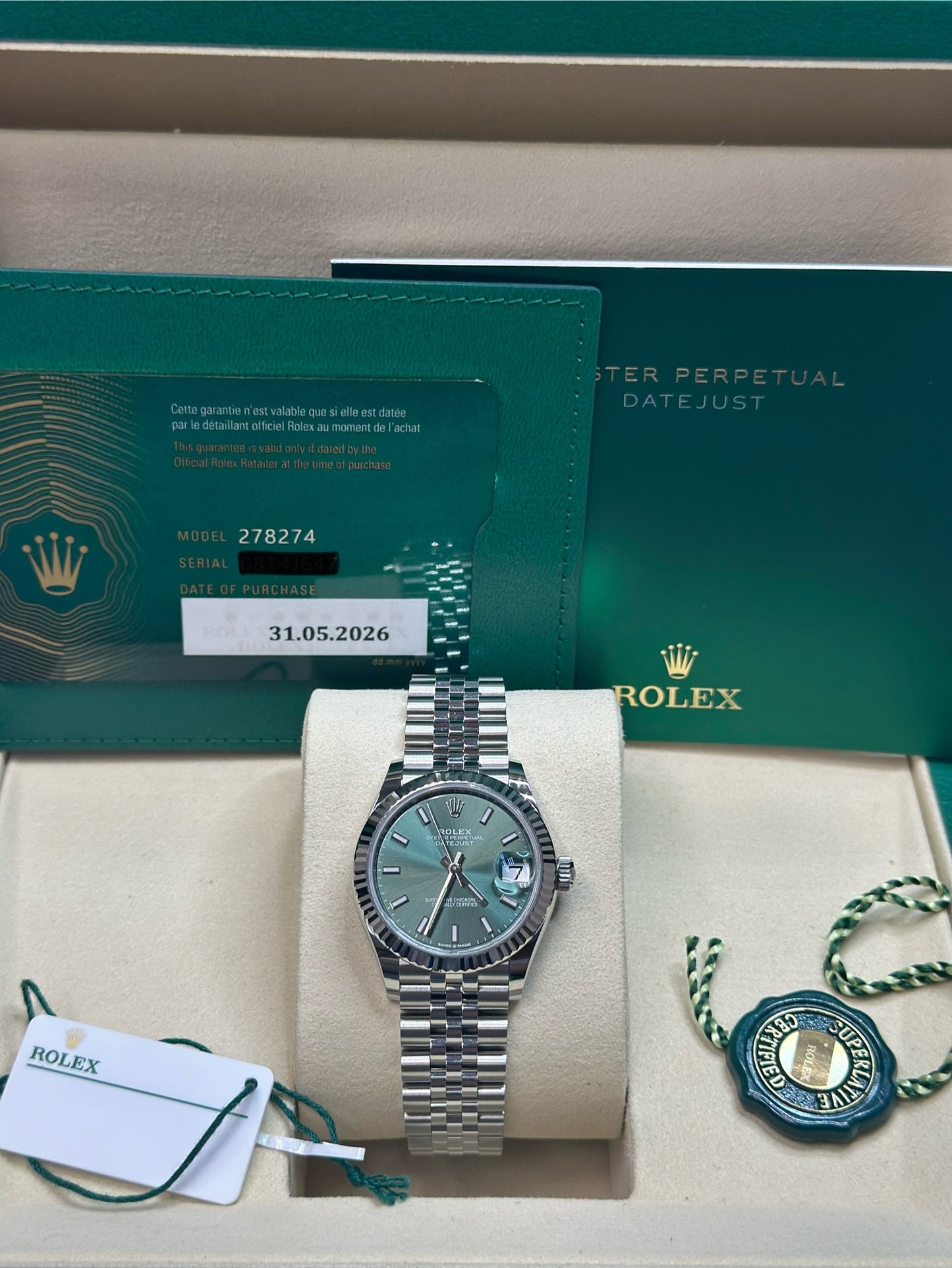 Rolex Datejust 31 Mint Green Index Dial on Jubilee 278274 Papers 2026