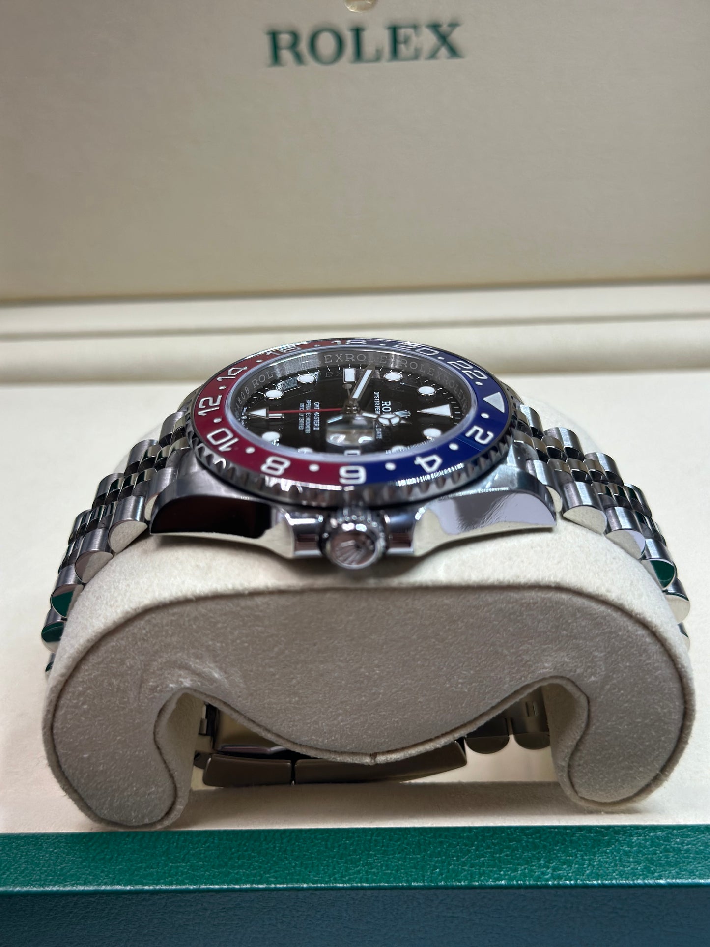 Rolex GMT-Master II Pepsi Black Dial on Jubilee 126710BLRO Papers 2023