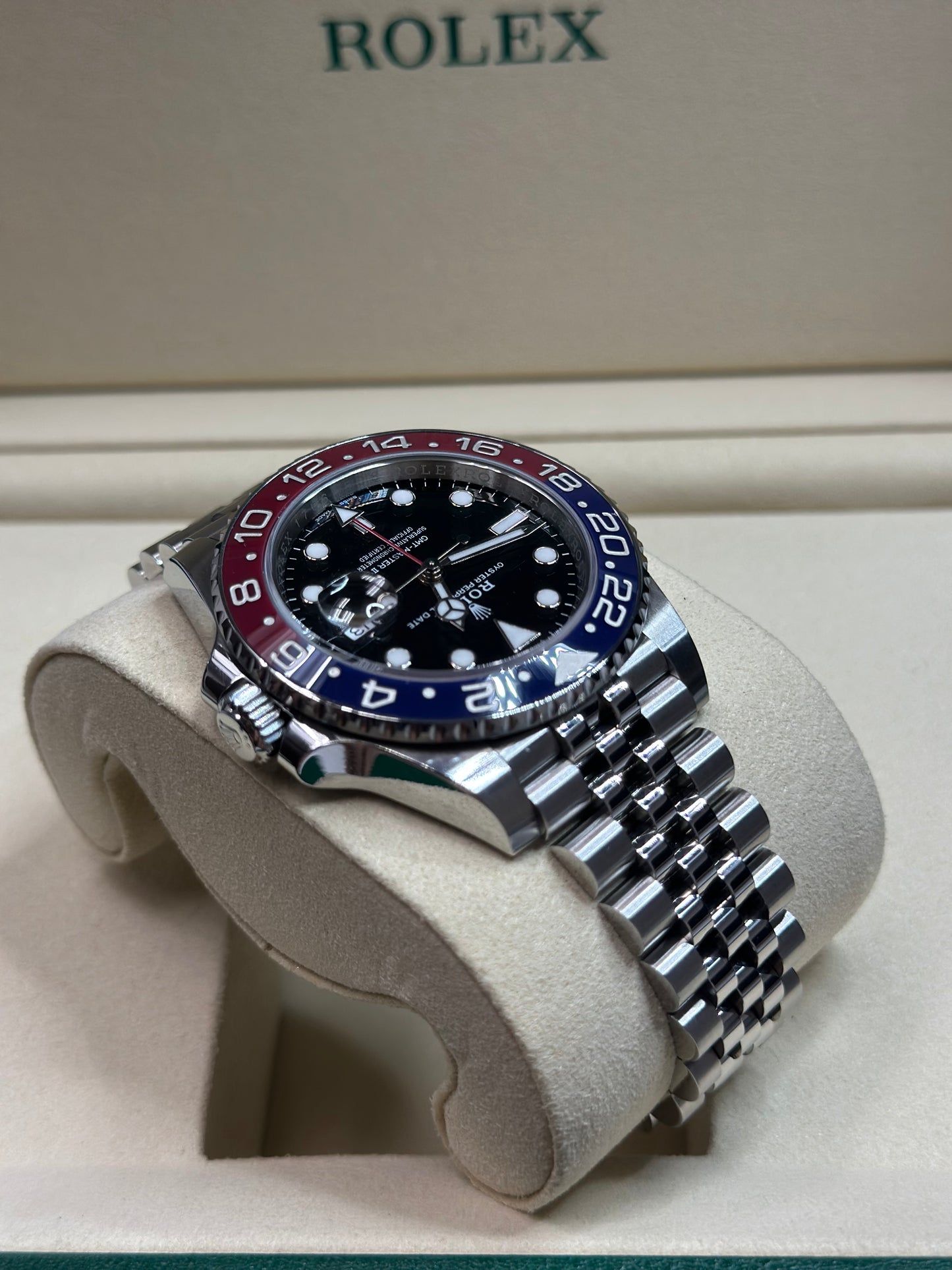 Rolex GMT-Master II Pepsi Black Dial on Jubilee 126710BLRO Papers 2023