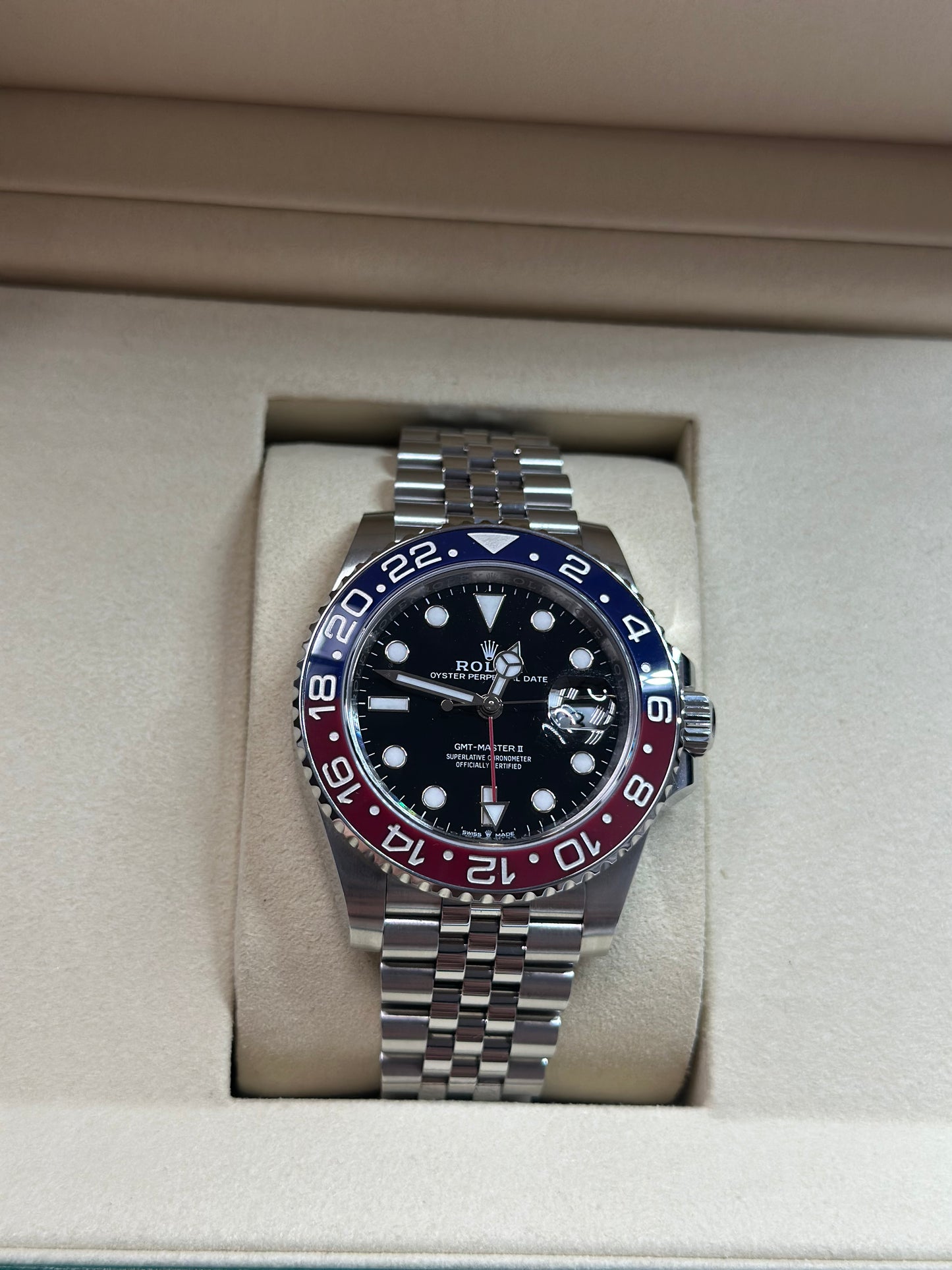 Rolex GMT-Master II Pepsi Black Dial on Jubilee 126710BLRO Papers 2023