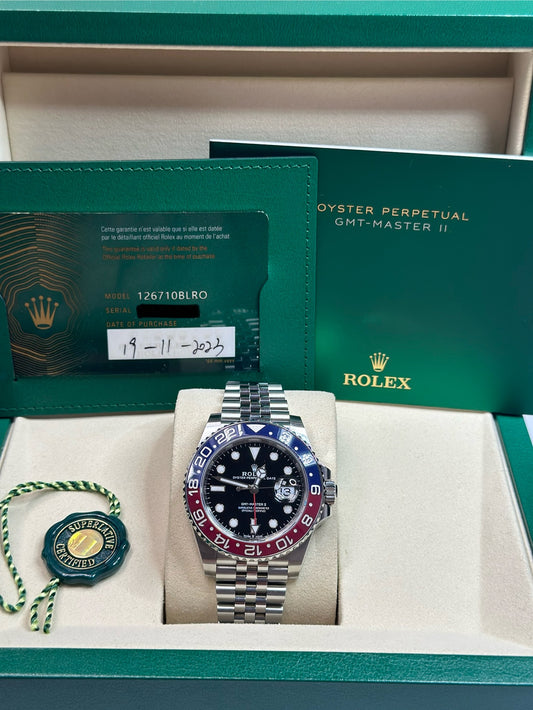 Rolex GMT-Master II Pepsi Black Dial on Jubilee 126710BLRO Papers 2023